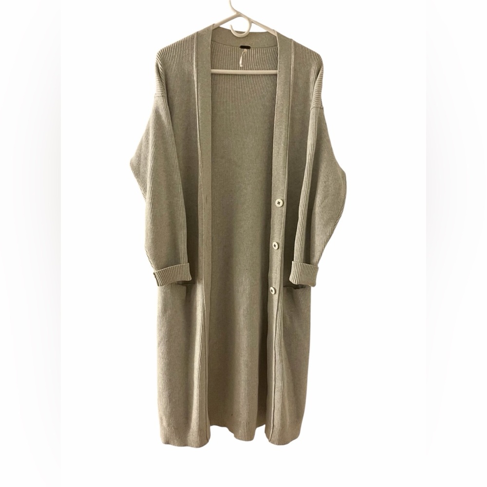 Free People Long Ribbed Cardigan Light Gray Small